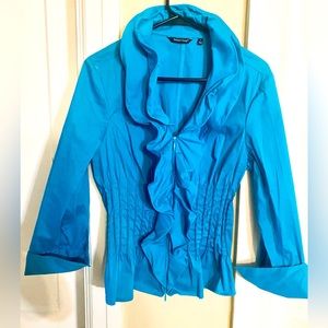 Vintage Samuel Dong turquoise ruffle neckl zip up top/ blouse medium women’s